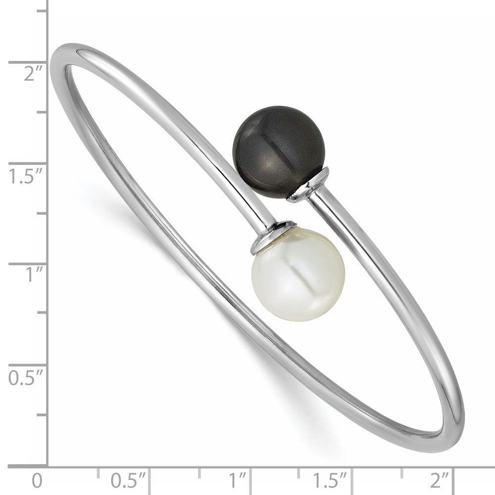 Sterling Silver Rh-plat 10-11mm Wht Blk Imitat Shell Pearl Bangle Bracelet 7 inches