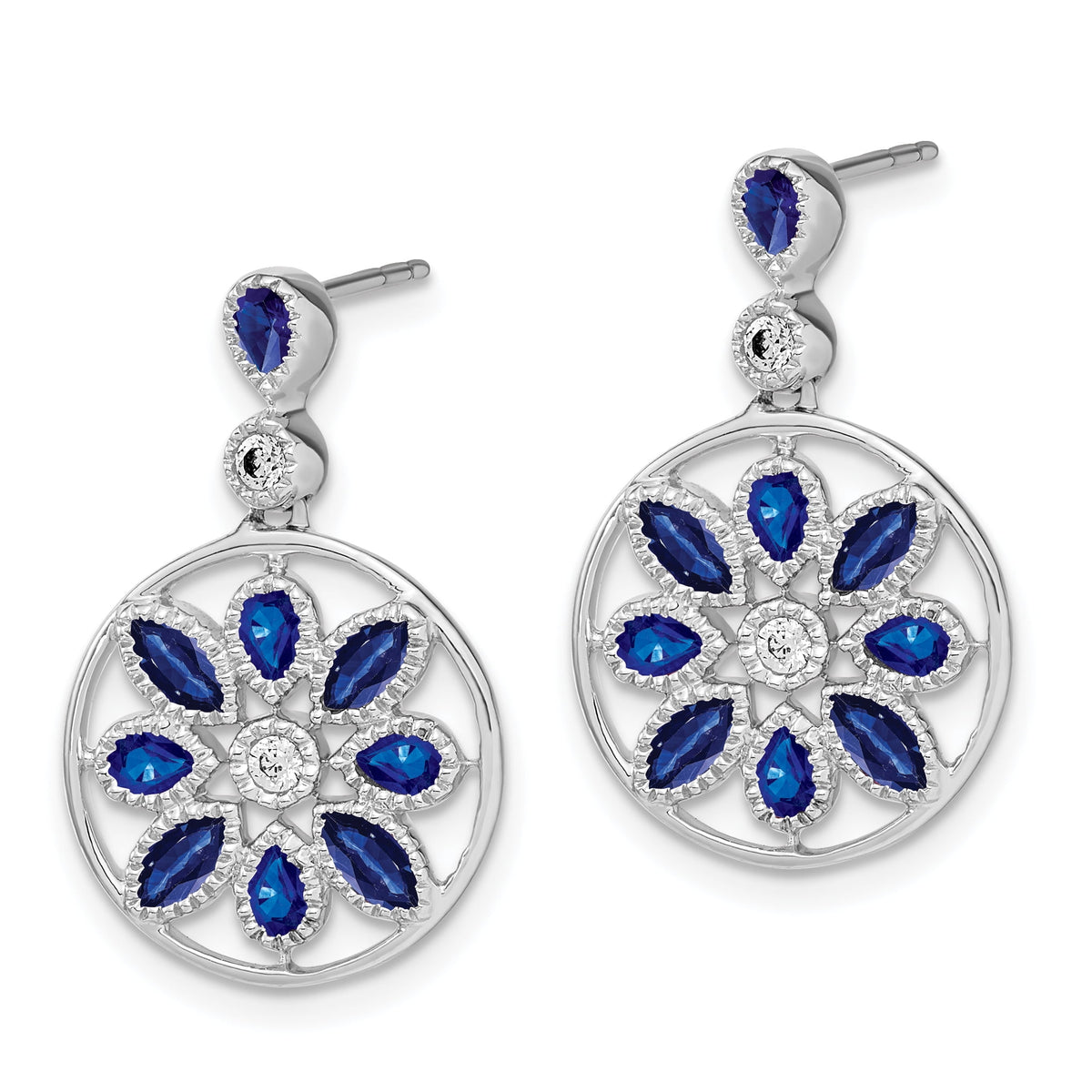 14K White Gold Marquise & Pear Sapphire and Diamond Floral Dangle Post Earrings