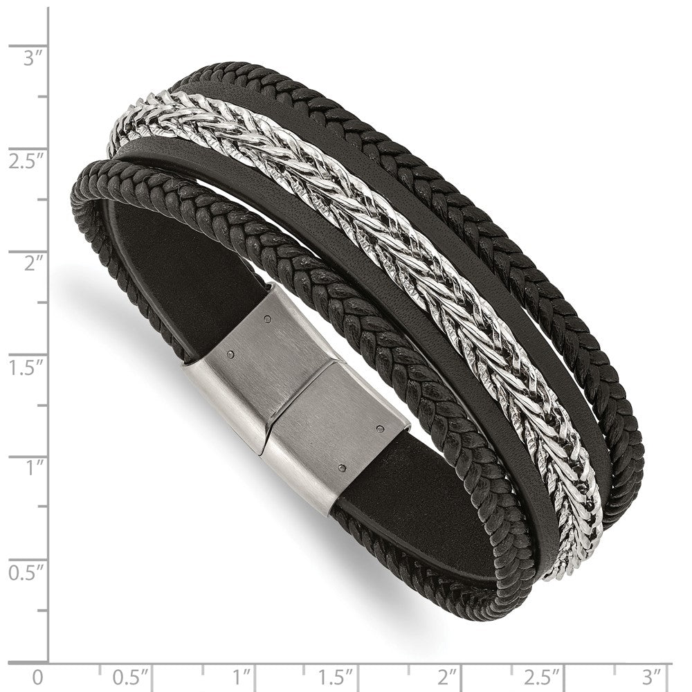 Stainless Steel Polished Black Leather Multi-Strand 8.5in Bracelet 8.5 inches