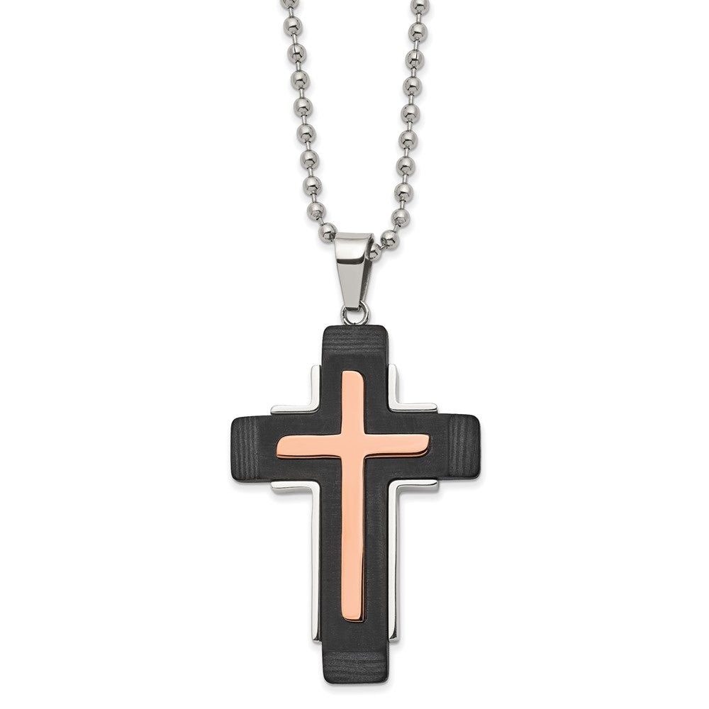 Stainless Steel Polished Rose IP & Black Carbon Fiber Cross 22in Necklace
