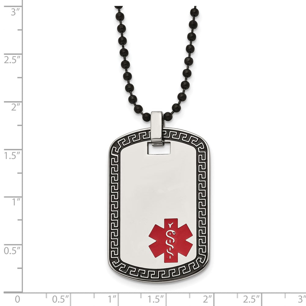 Stainless Steel Antiqued & Polished Greek Key Edge Medical ID Necklace