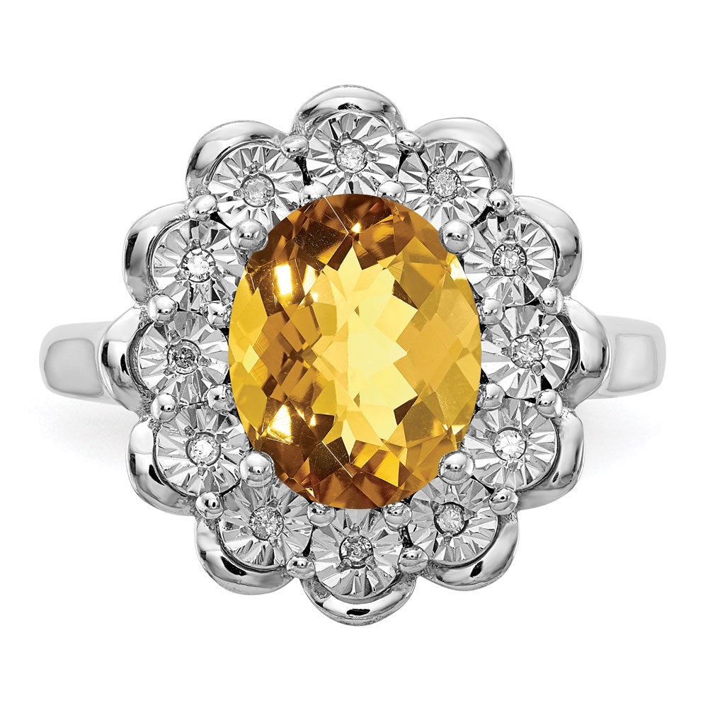Sterling Silver Rhodium Diam. & Oval Checker-Cut Whiskey Quartz Ring