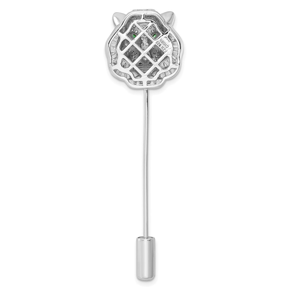 Sterling Silver Rhodium-plated Polished Clear and Green CZ Tiger Pin