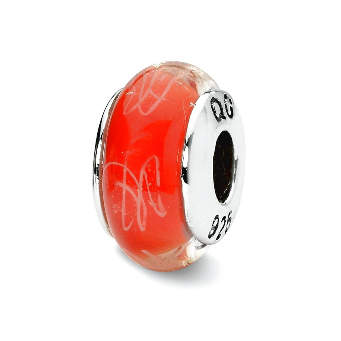 Sterling Silver Reflections Orange/White Scribbles Hand-blown Glass Bead