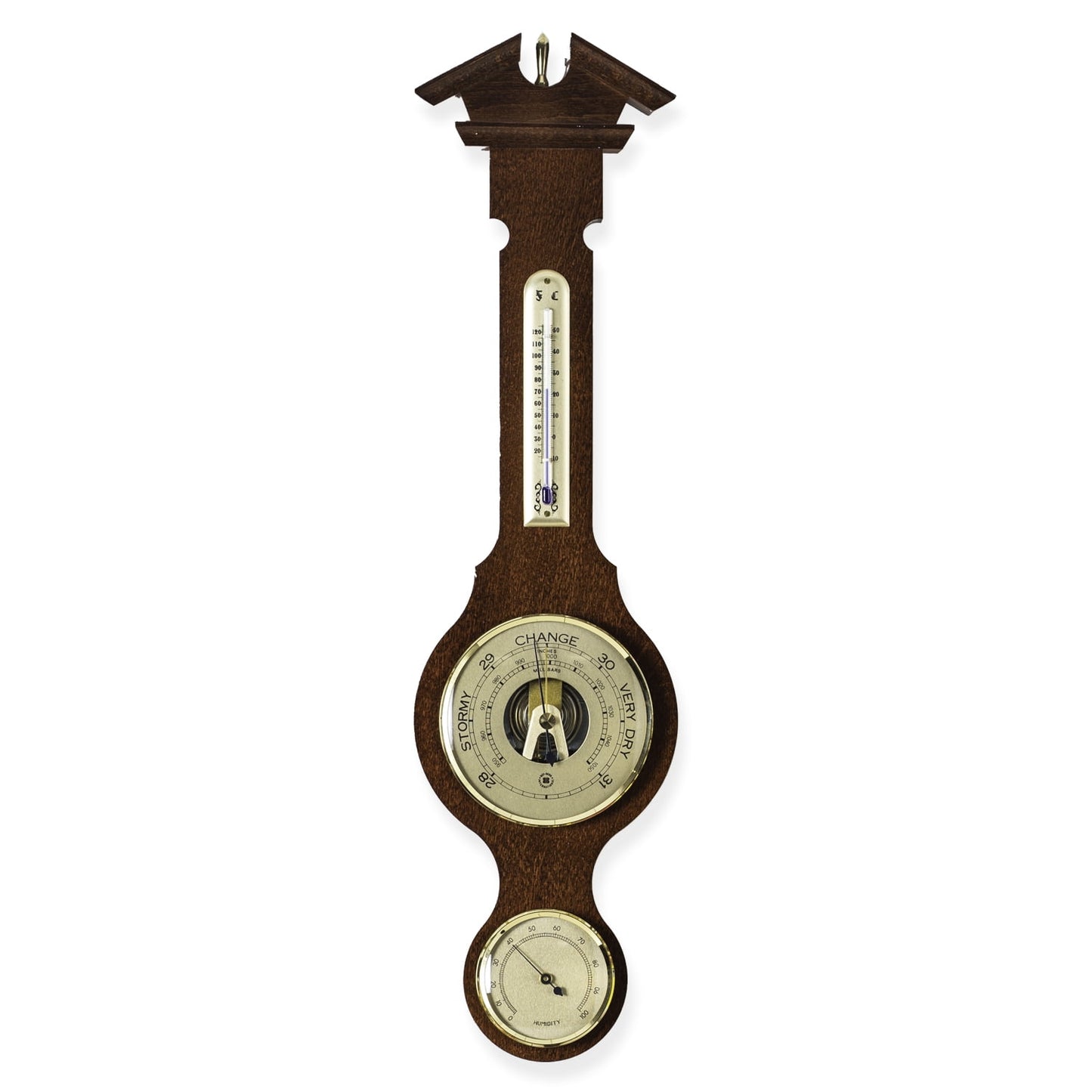 Banjo Weather Station with Barometer, Thermometer and Hygrometer on Walnut Wood.