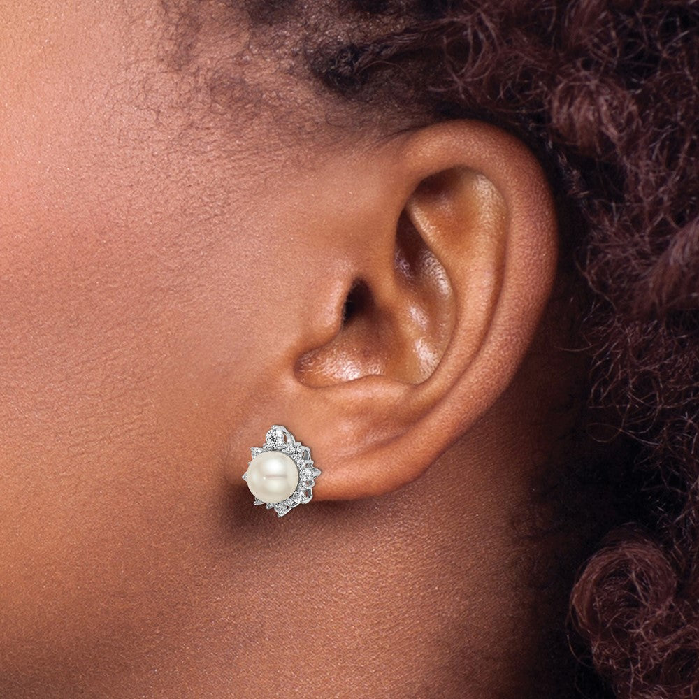 14k White Gold 5/8 carat Lab Grown Diamond VS/SI+ G+ and 7.00 mm Round Freshwater Cultured Pearl Complete Fashion Post Earrings