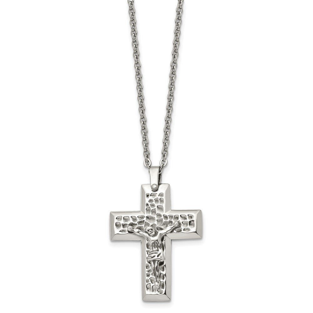 Stainless Steel Polished & Textured Crucifix 20in Necklace