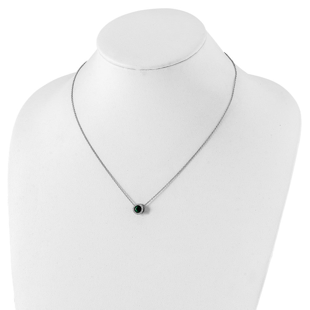 Cheryl M Sterling Silver Rhodium-plated Brilliant-cut Green Glass and Brilliant-cut White CZ Halo 18 Inch Necklace 18 Inches