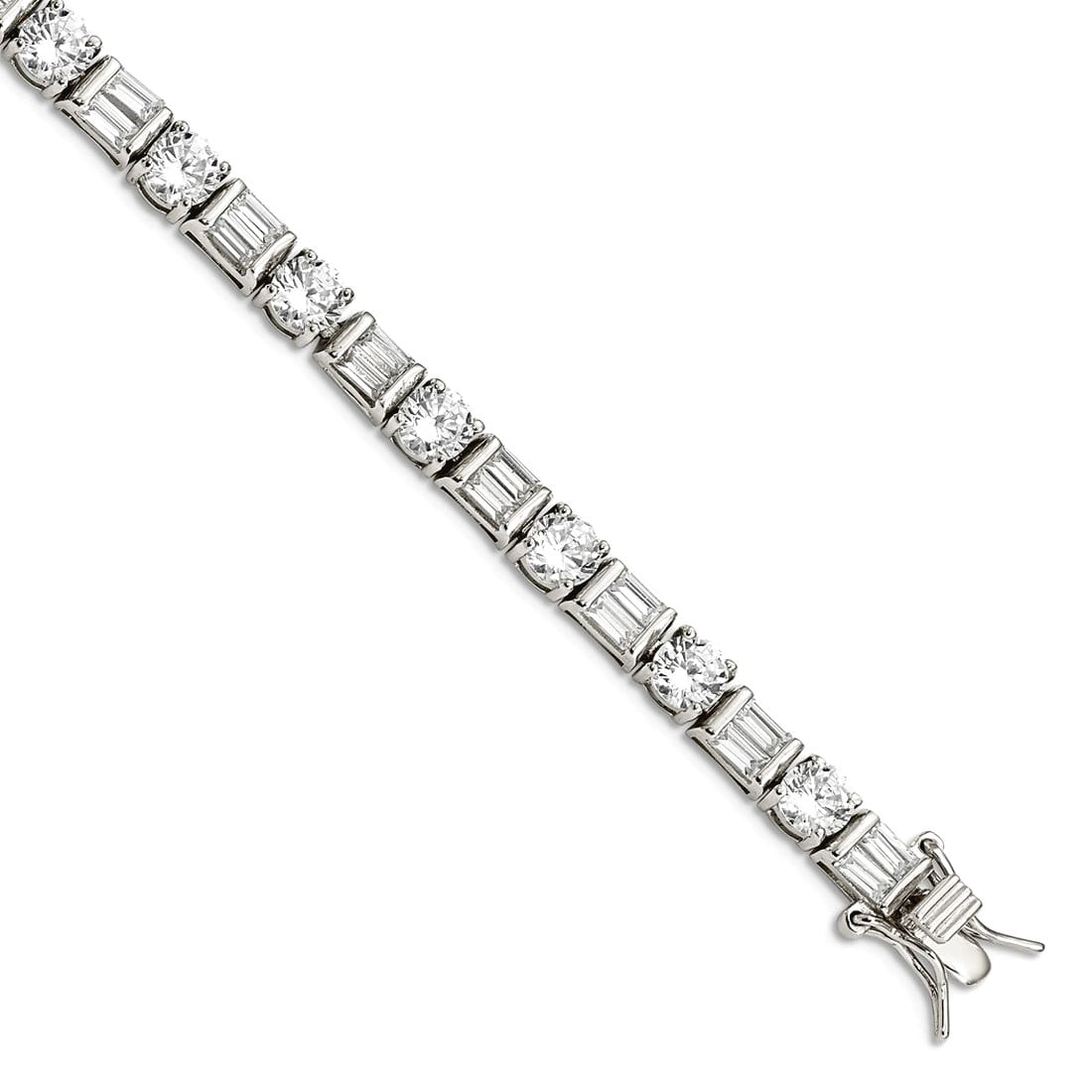 Sterling Silver Rhodium-plated Baguette and Round CZ Bracelet