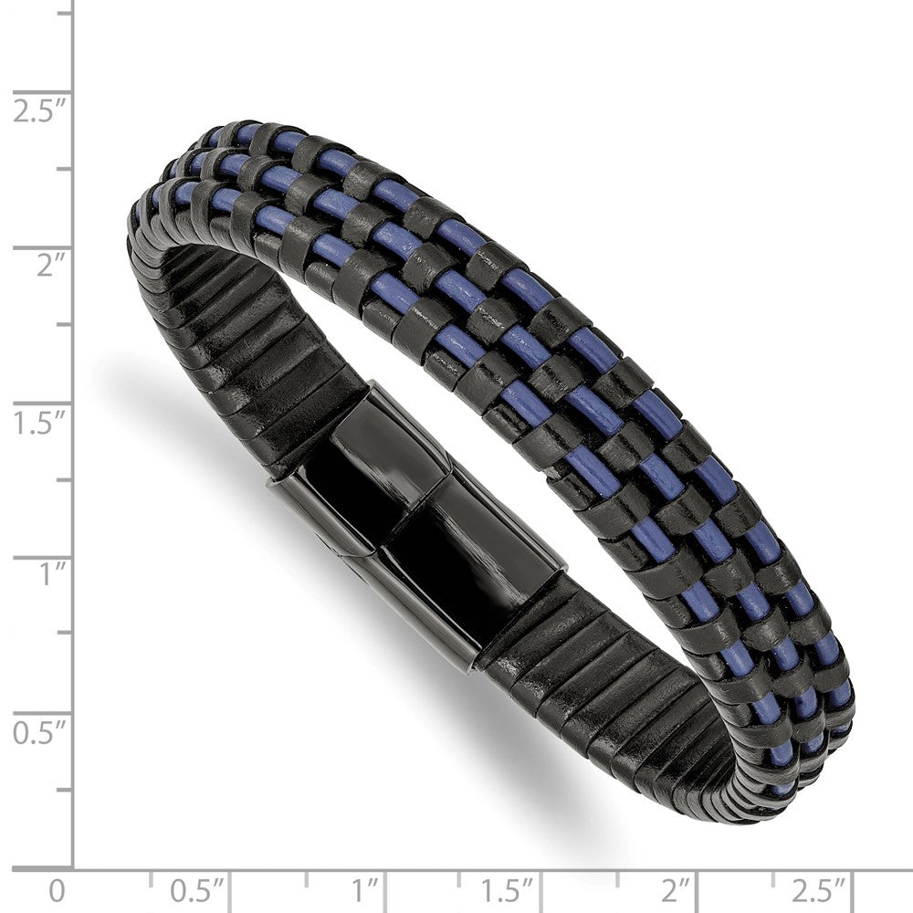 Stainless Steel Polished Black IP Black and Blue Leather 8.25in Bracelet 8.25 inches