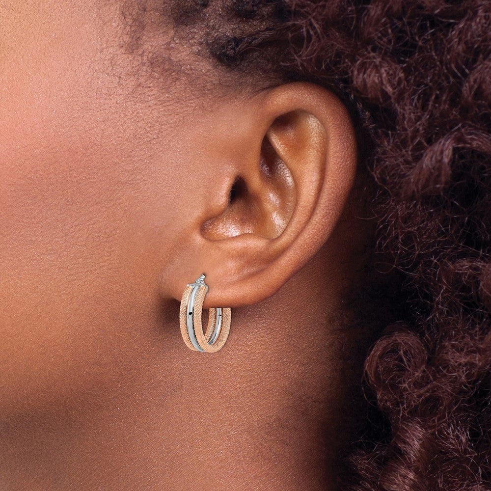 14K White Gold w/ Rose Rhodium Polished and Textured Hoop Earrings
