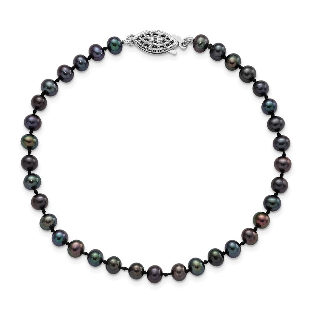 Sterling Silver Rhodium-plated 4-5mm Black Near-Round Freshwater Cultured Pearl 7.25 inch Bracelet 7.25 inches