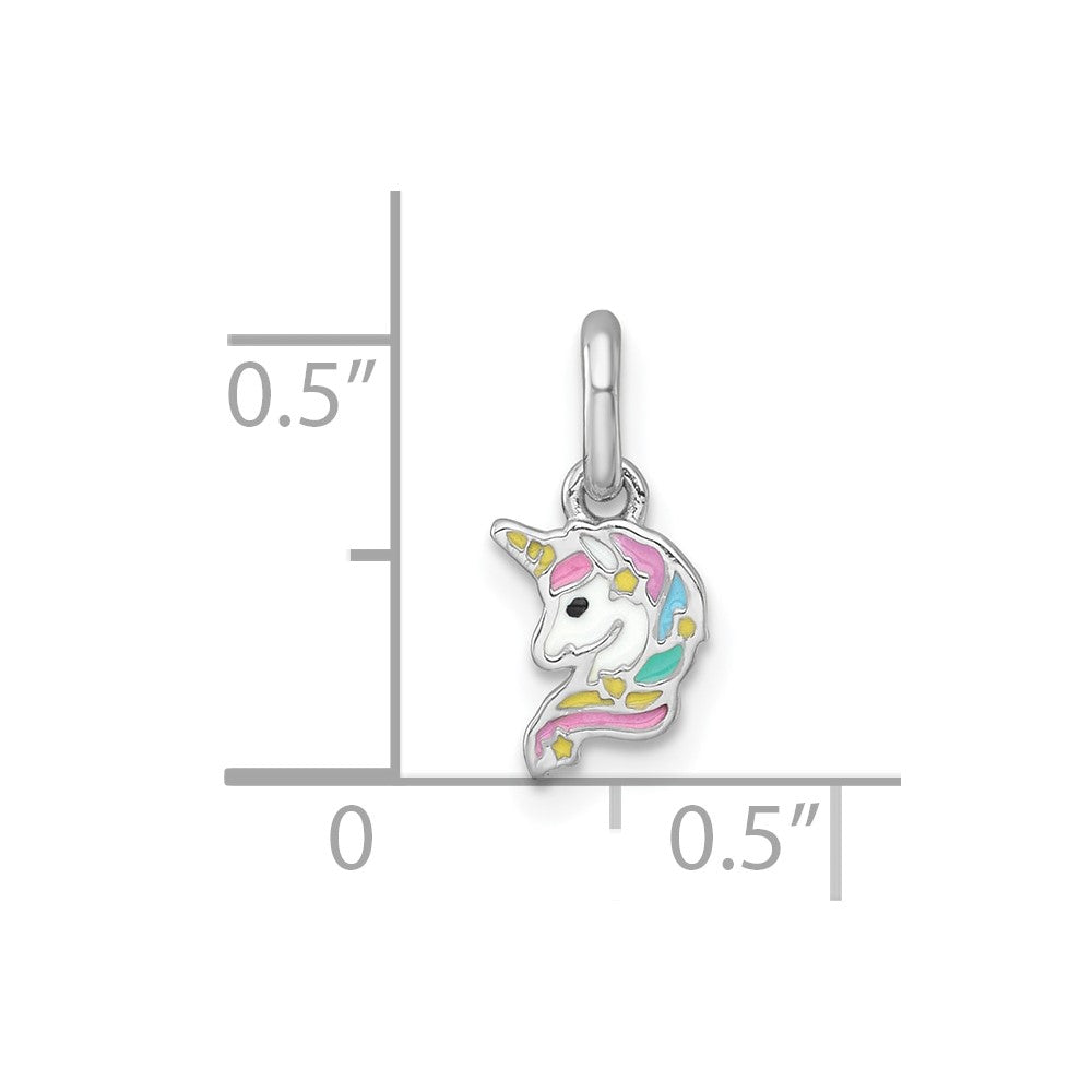 Sterling Silver Rhodium-plated Polished White and Rainbow Enamel Unicorn Head Childrens Pendant