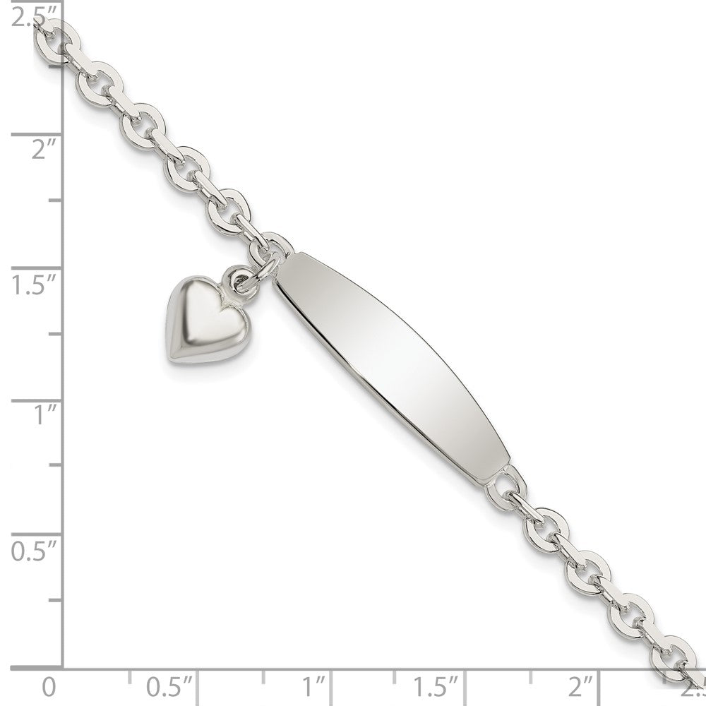 Sterling Silver Polished Rolo Link ID Heart Dangle Bracelet 7.5 inches