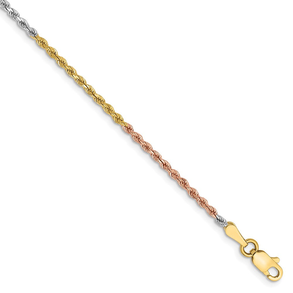 14K Tri-colored 7 inch 1.75mm Diamond-cut Rope with Lobster Clasp Chain 7 inches