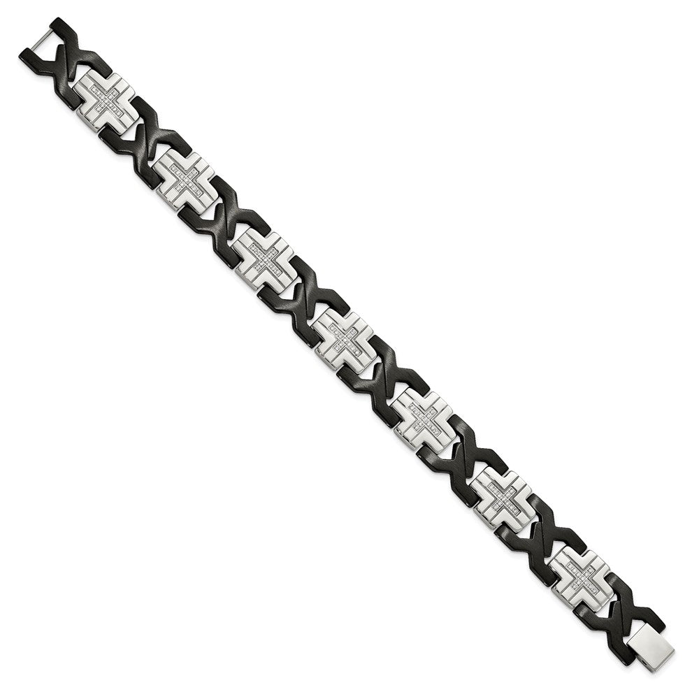 Stainless Steel Brushed and Polished Black IP-plated w/CZ 8.25in Bracelet 8.25 inches