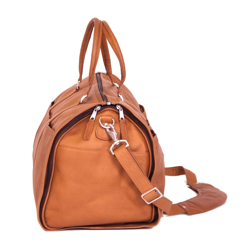 Tan Leather Zippered Duffle with Detachable Shoulder Strap