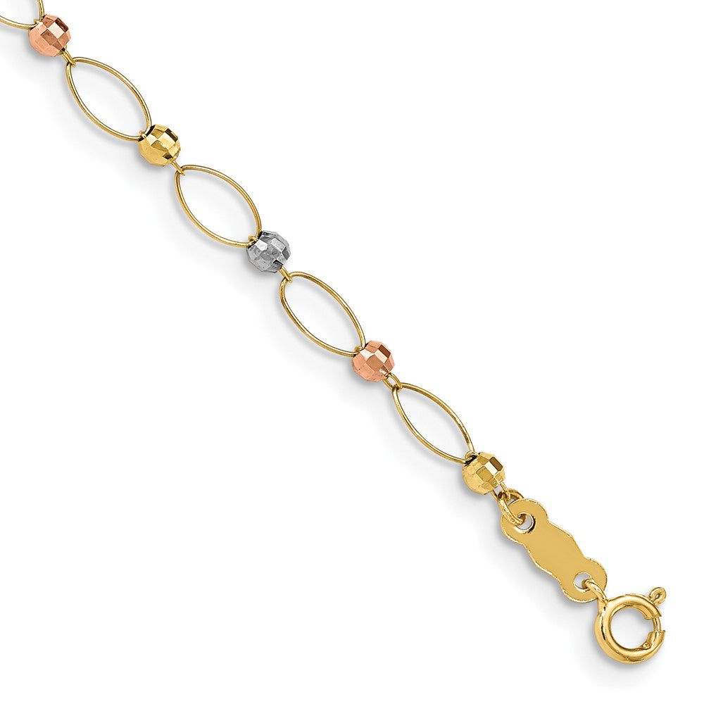 14K Tri-color Oval Link Tri-color Mirror Beads Bracelet 7 inches