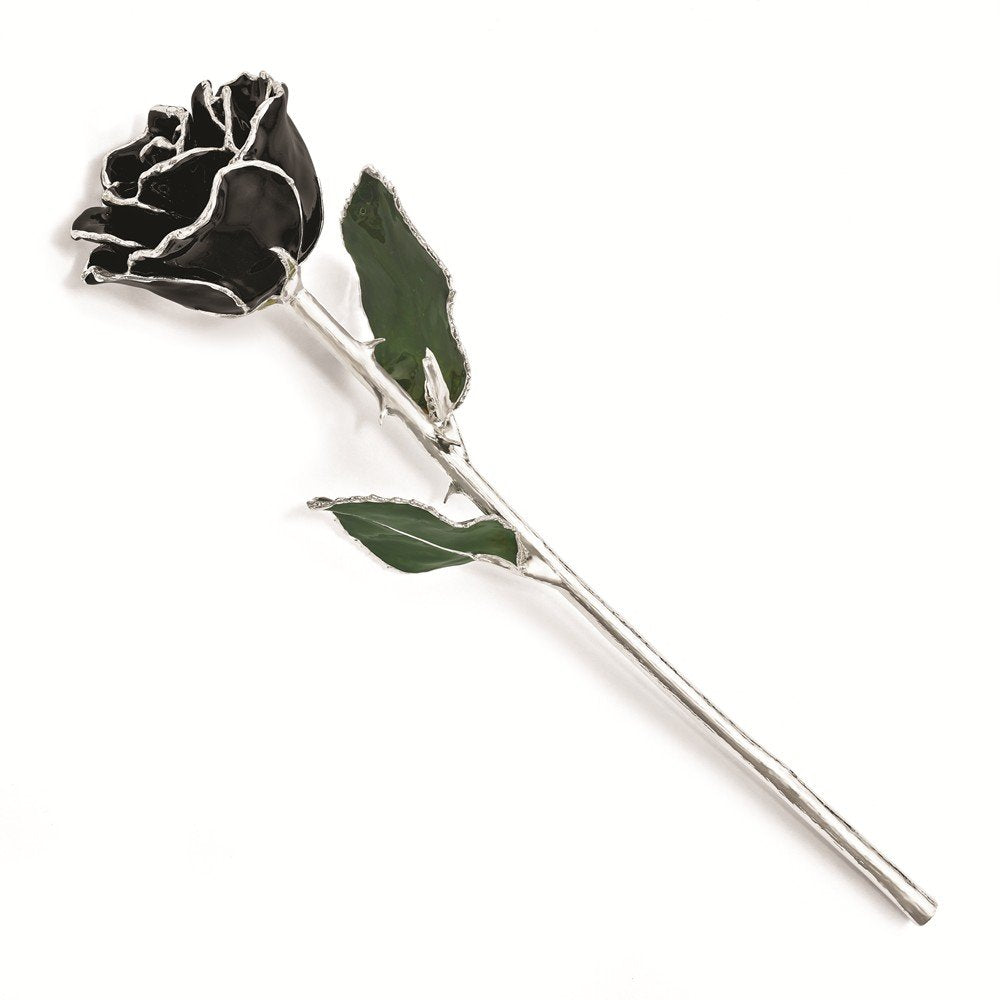 Lacquered Dipped Silver-Plated Trimmed Green Leaf with Black Rose