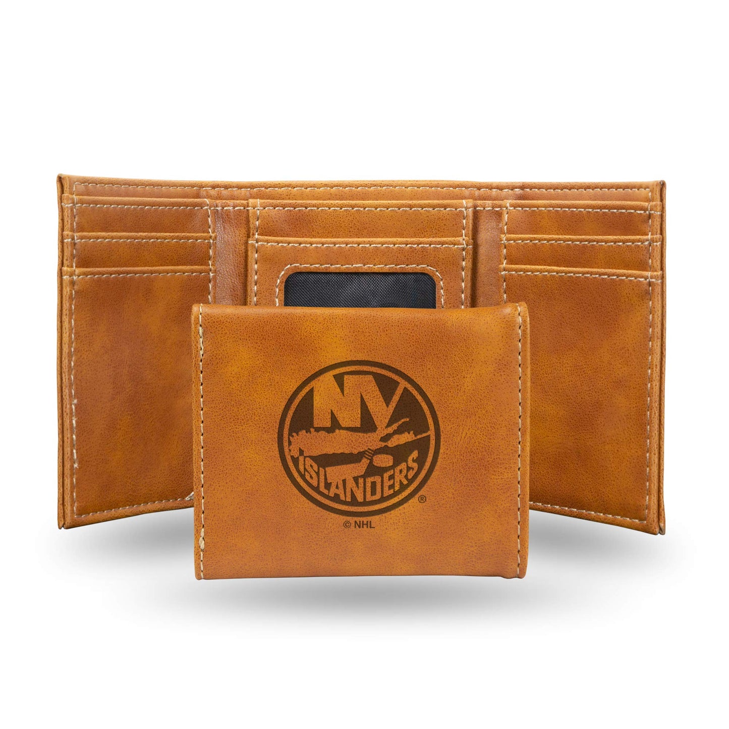 Hockey Rico Industries New York Islanders Brown Laser Engraved Trifold Laser Engraved Tri-Fold Wallet - Men's Accessory