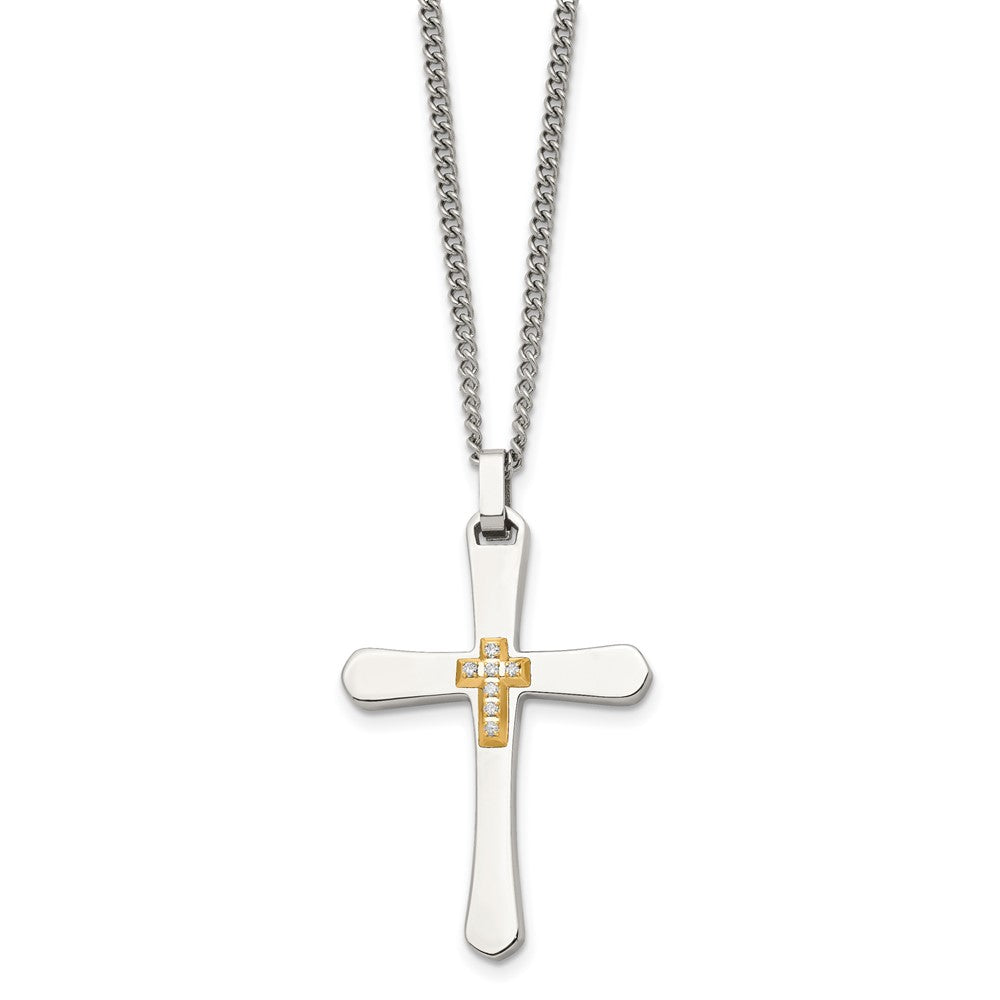 Stainless Steel Polished w/14k Accent 1/15ct Diamond Cross 22in Necklace