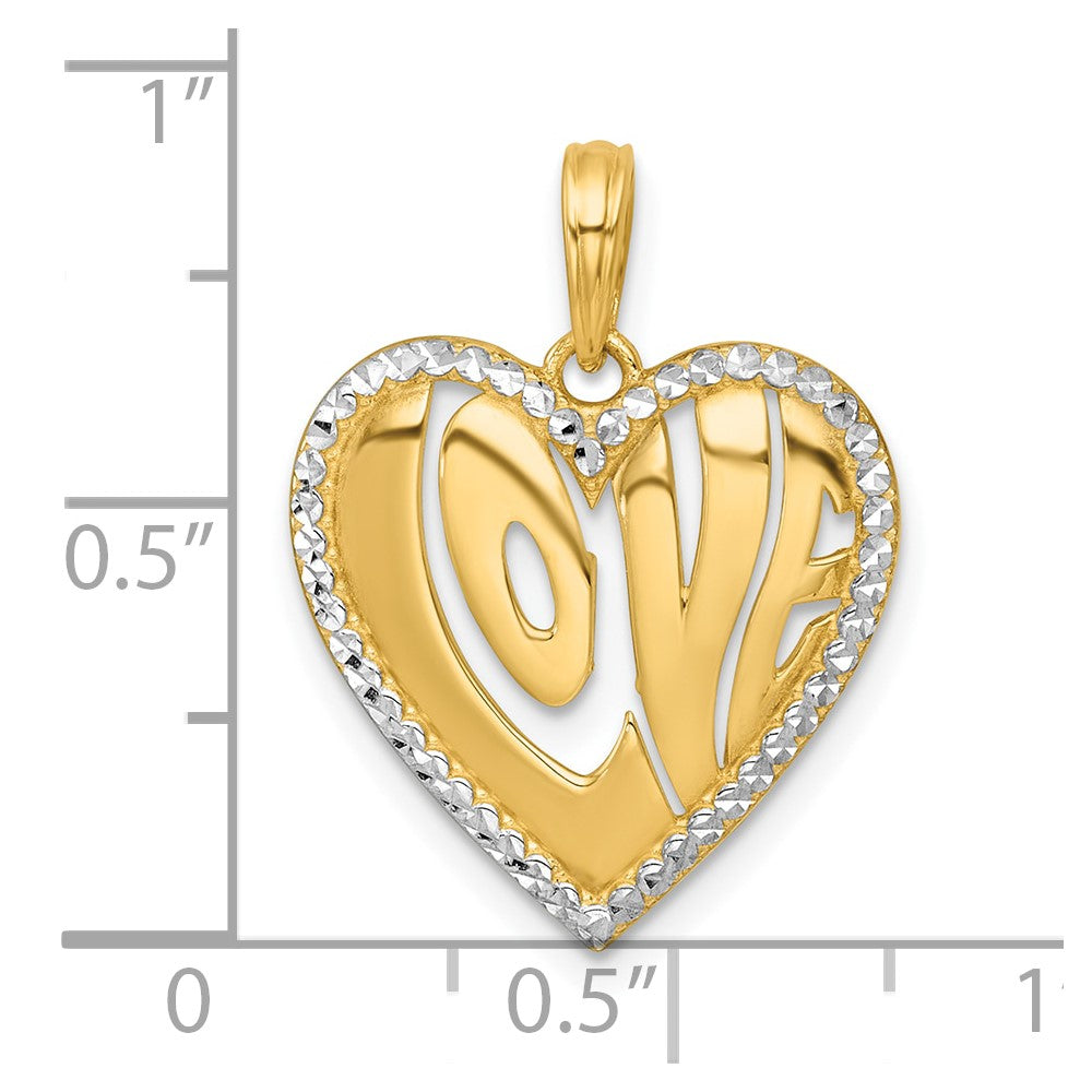 14k with White Rhodium Polished Cut-out LOVE In Heart Pendant