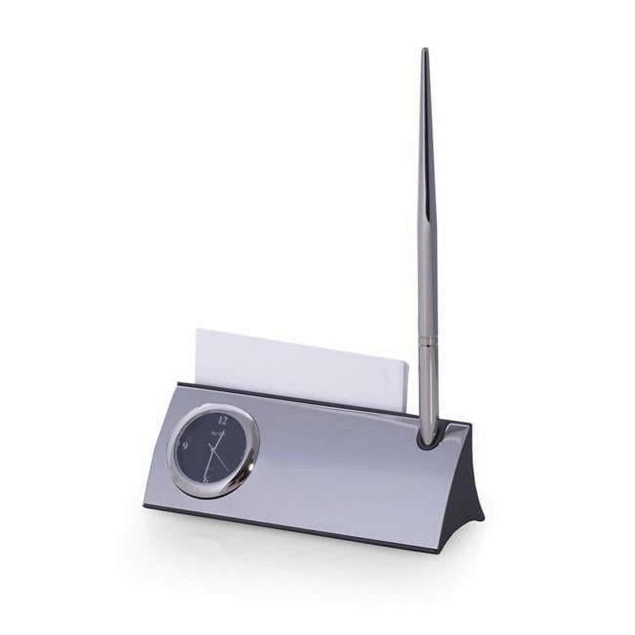 Bey-Berk International D144 Silver Plated Desk Quartz Clock with Business Card Holder & Pen