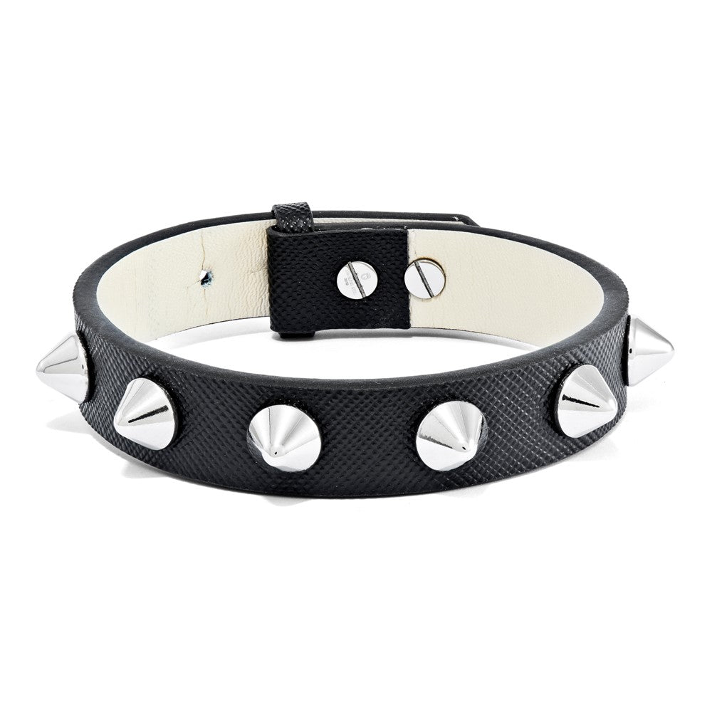 Stainless Steel & 15.5 mm Black Leather 8.5 Adj to 9 Spike Cuff Bracelet