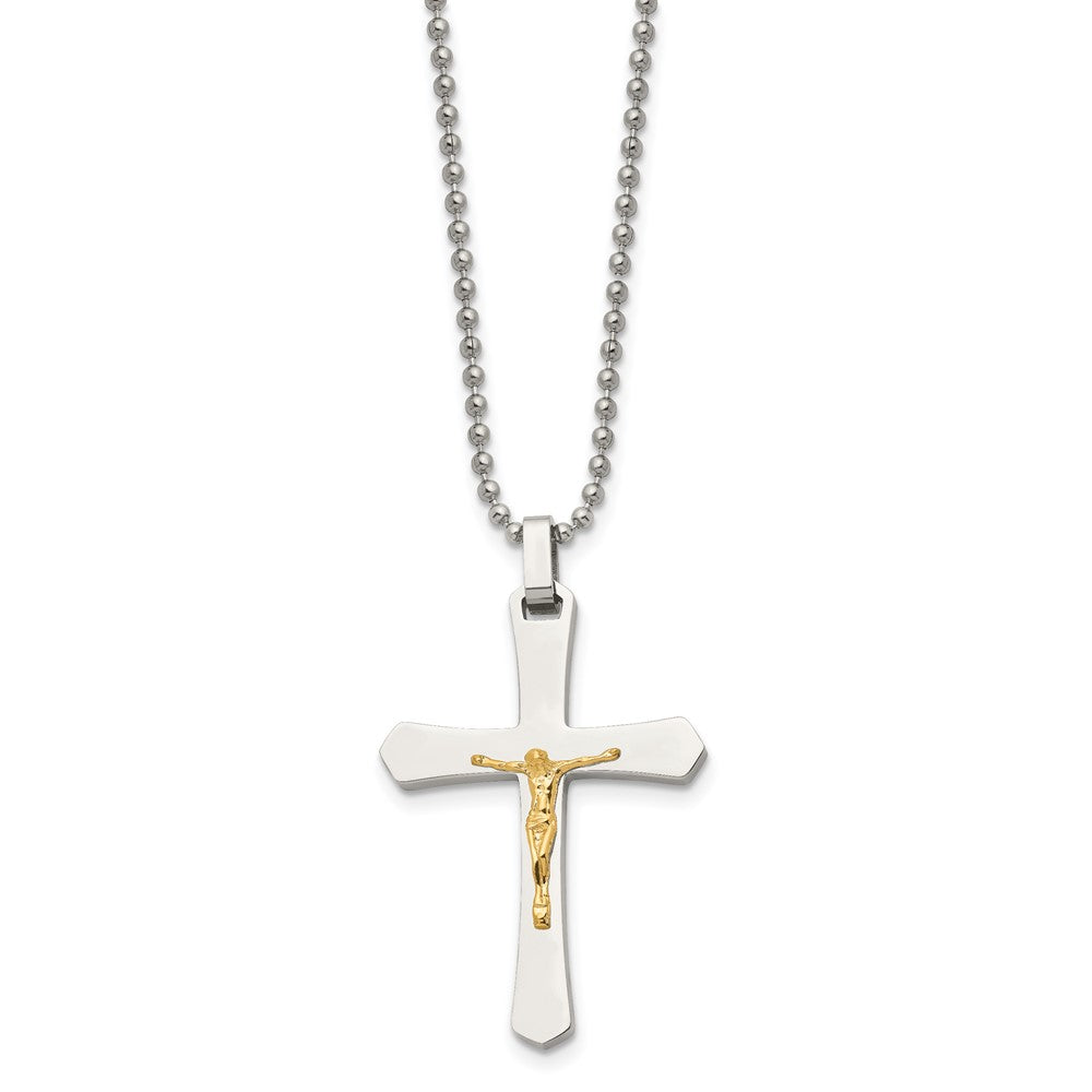 Stainless Steel Polished w/14k Gold Accent Crucifix 22in Necklace