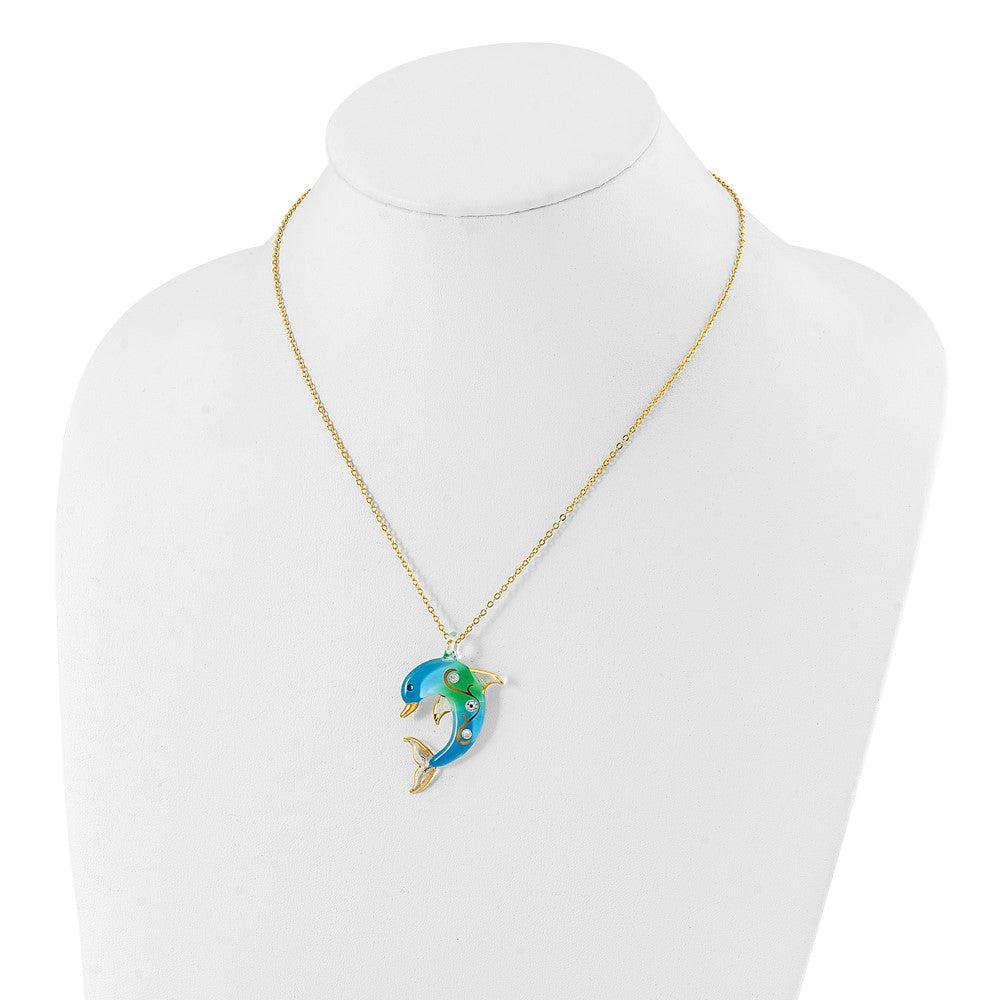 Glass Baron 22K Gilding Accent Gold-trim Turquoise Glass with Crystal from Swarovski Accent Dolphin 18 inch Gold-tone Necklace