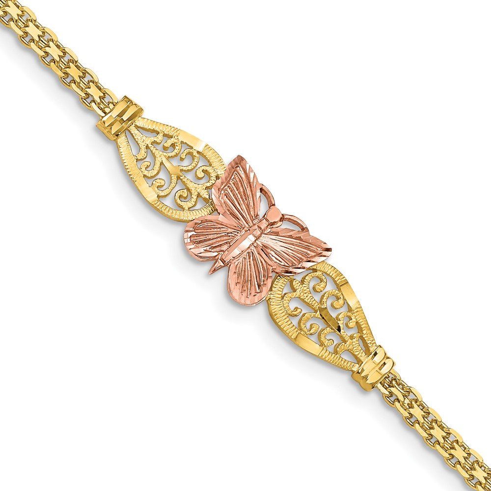 14K Two-tone Polished & D/C Butterfly Bracelet 7 inches