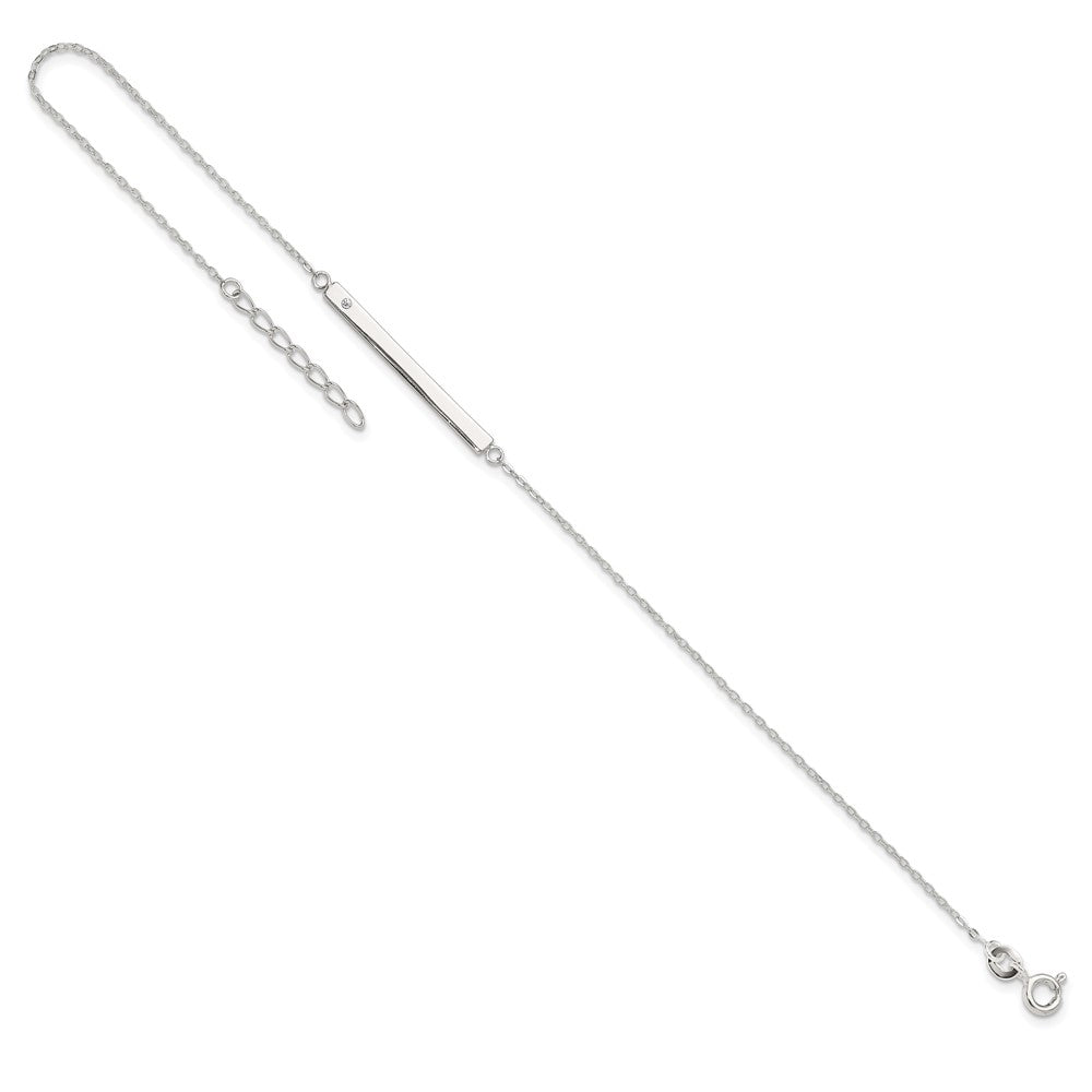 Sterling Silver Polished Crystal Bar 9in Plus 1in ext Anklet 9 inches