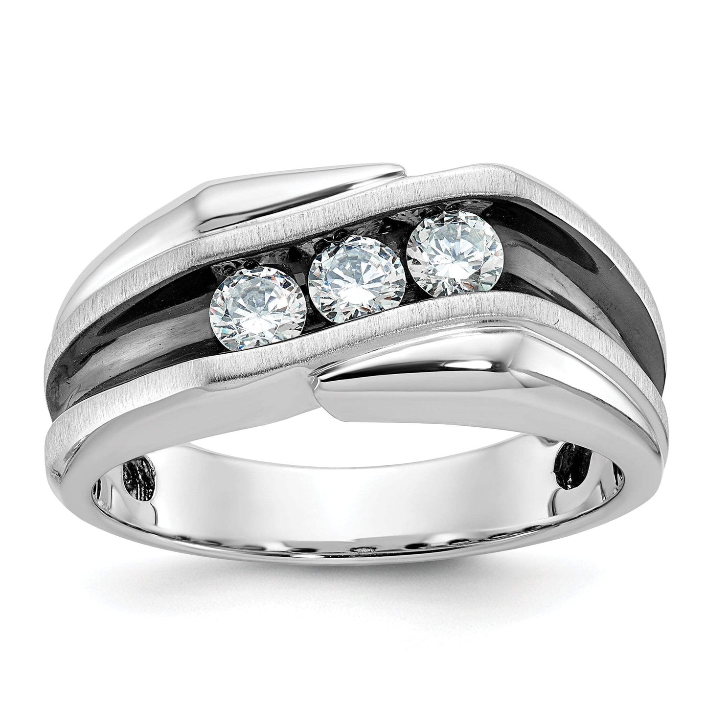 14k White Gold with Black Rhodium Men's Polished Satin and Grooved 3-Stone 1/2 Carat Lab Grown Diamond Ring