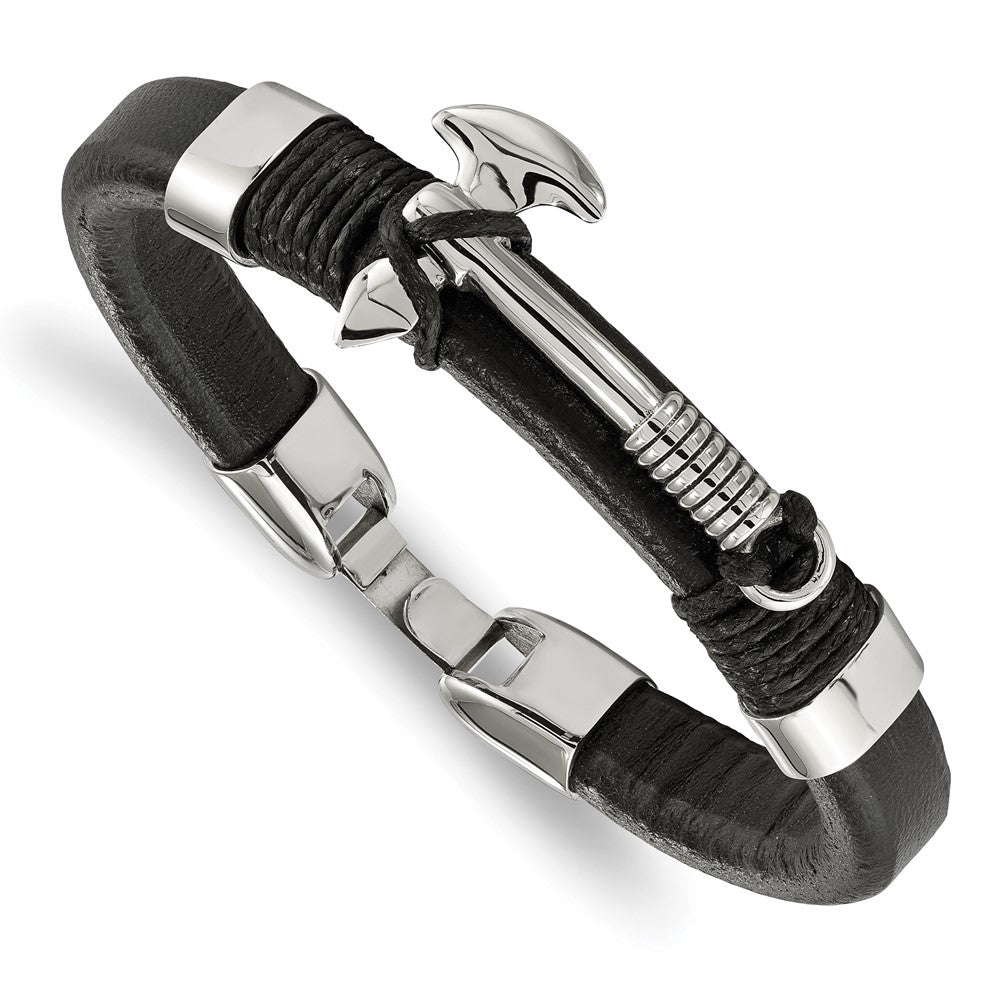 Stainless Steel Polished Black Leather Hatchet 8.5in Bracelet 8.5 inches