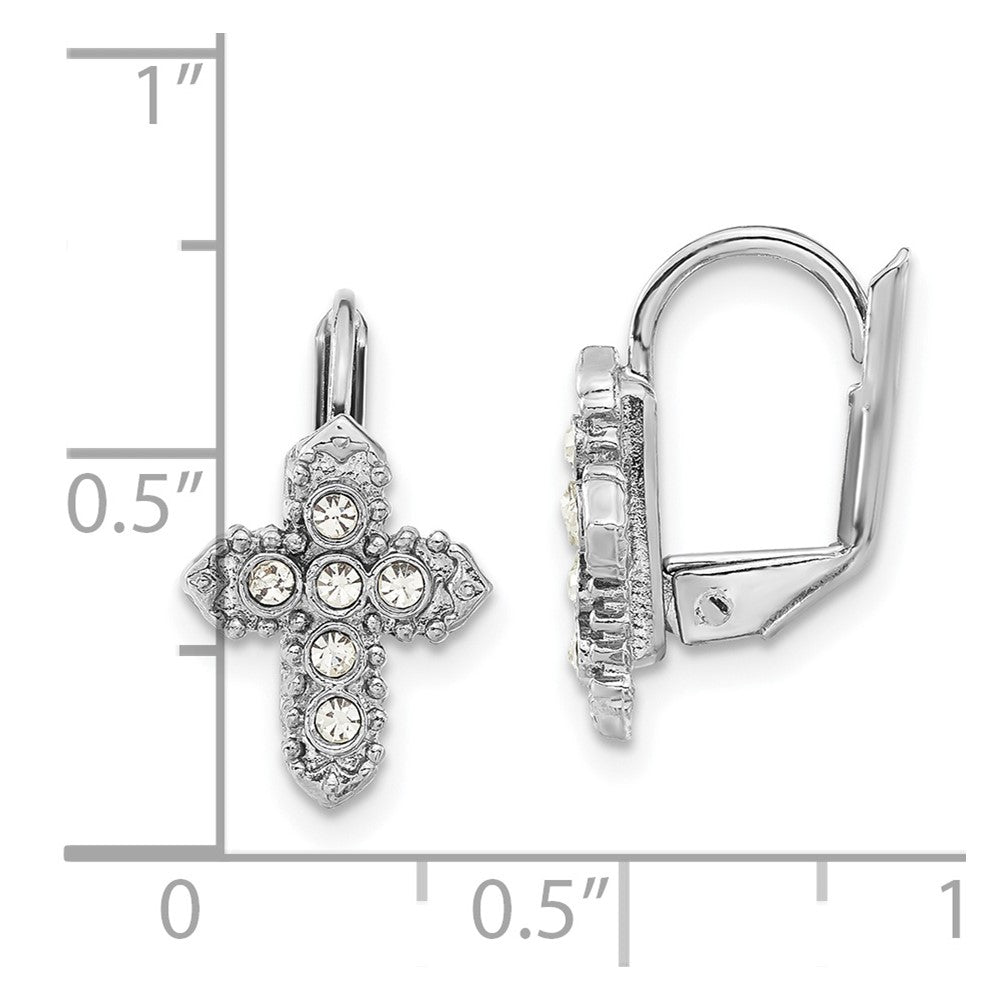 Symbols of Faith Silver-tone Clear Crystal Cross Leverback Earrings