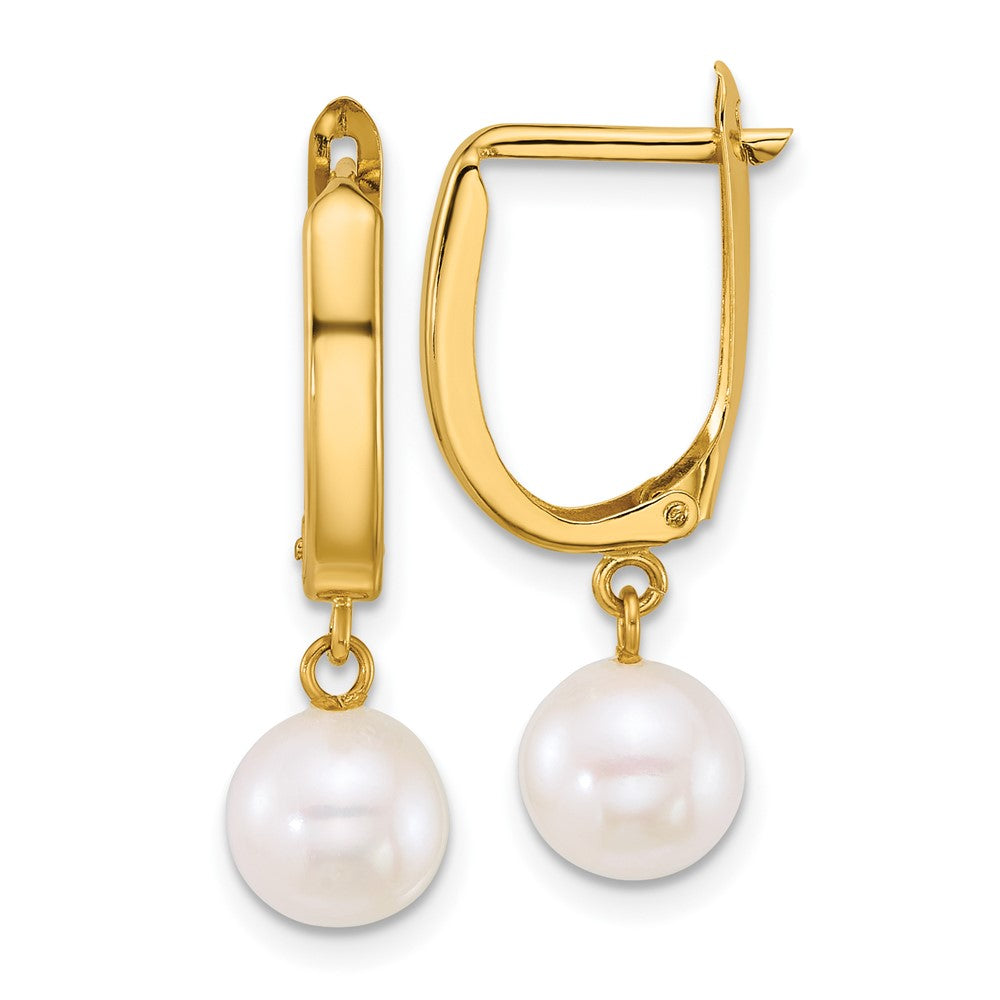 10k Polished 7-8mm Round White Freshwater Cultured Pearl Dangle Leverback Earrings