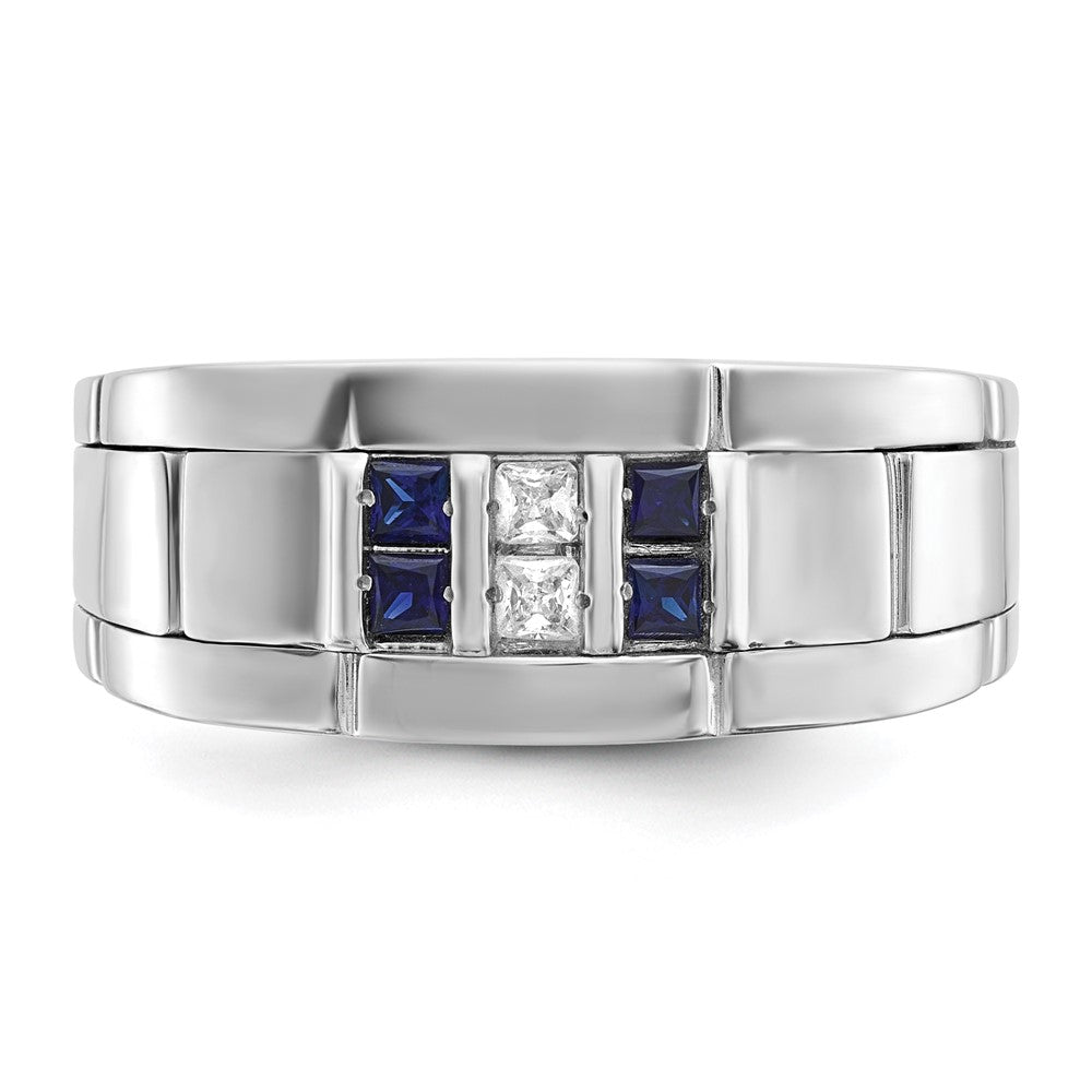 IBGoodman 14k White Gold Men's Polished and Grooved Lab Created Sapphire and 1/10 Carat AA Quality Diamond Ring