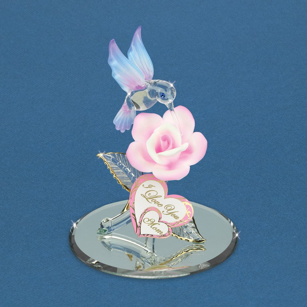 Glass Baron I LOVE YOU MOM Hummingbird and Rose Figurine