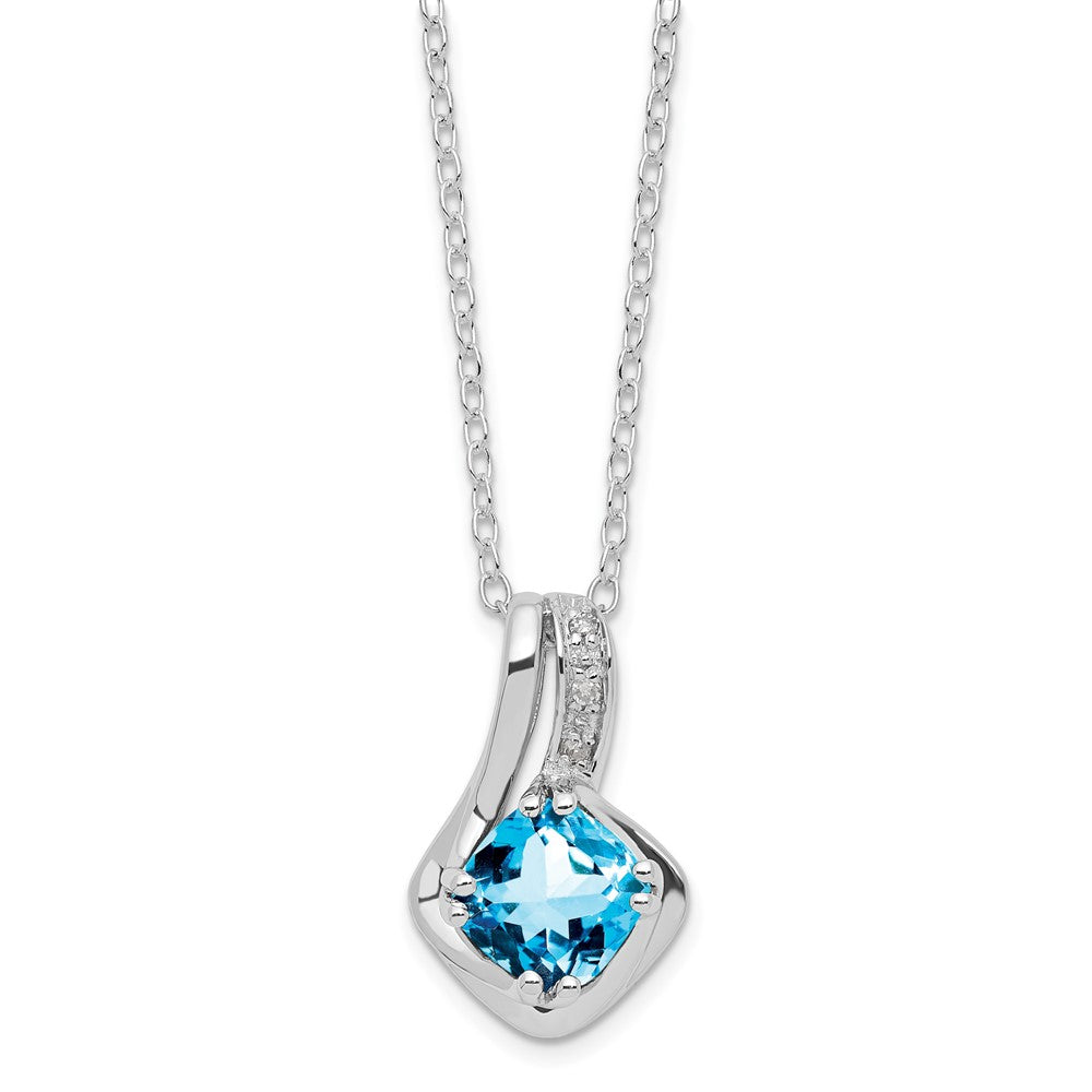 SS Cushion Checkerboard Blue Topaz & Diamond Pend Necklace