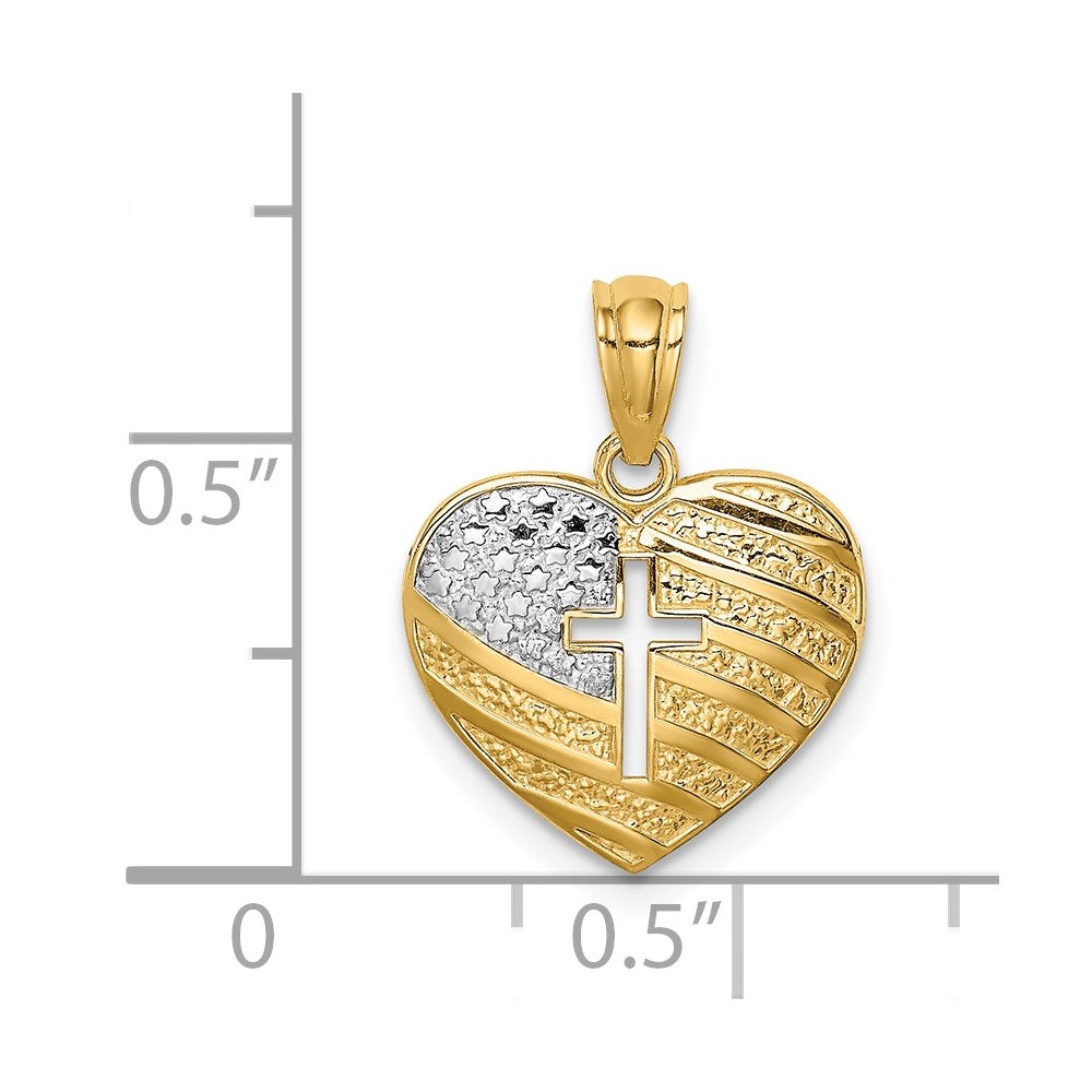 14K Yellow Gold w/Rhodium US Flag With Cross Heart Pendant