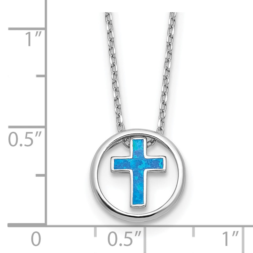 Sterling Silver RH-plated Blue Cr. Opal Inlay Cross 16in w/2in ext Necklace
