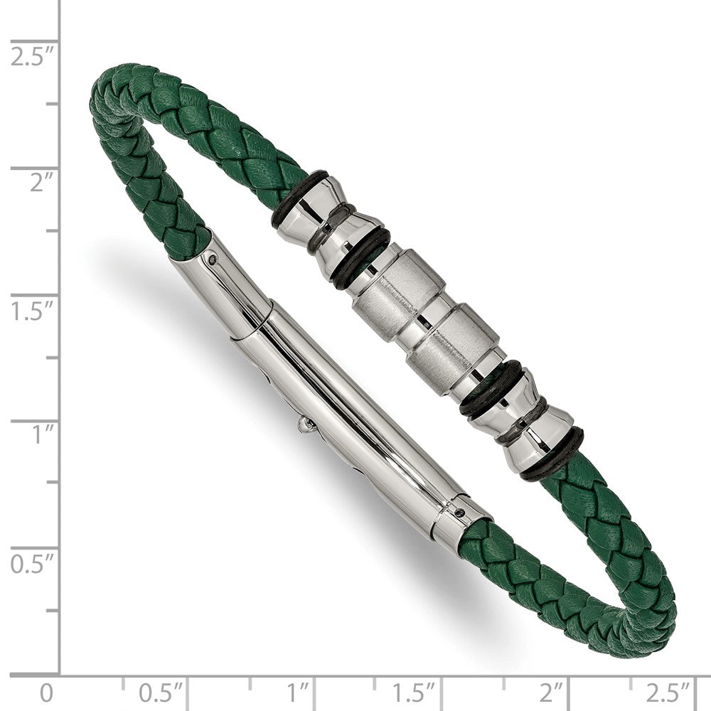 Stainless Steel Brushed & Polished Blk IP/Rubber Green Leather Adj Bracelet