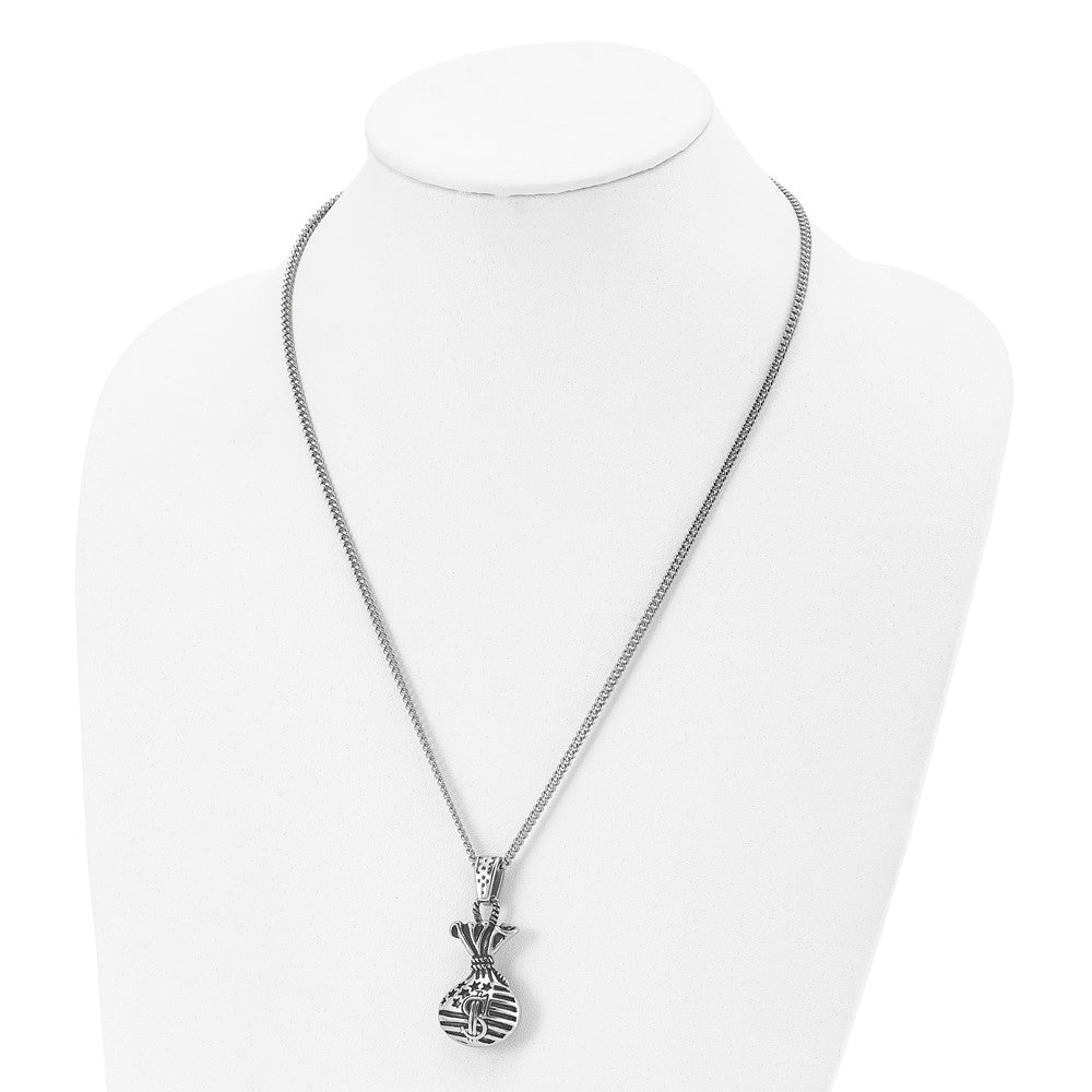 Stainless Steel Polished and Antiqued Money Bag 22in Necklace