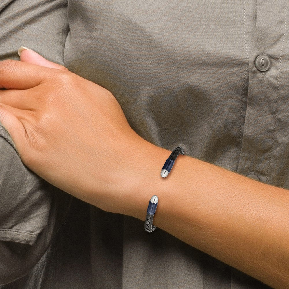 Stainless Steel Brushed &Polished Dark Grey IP Blk Leather Flexible Bangle 7.25 inches