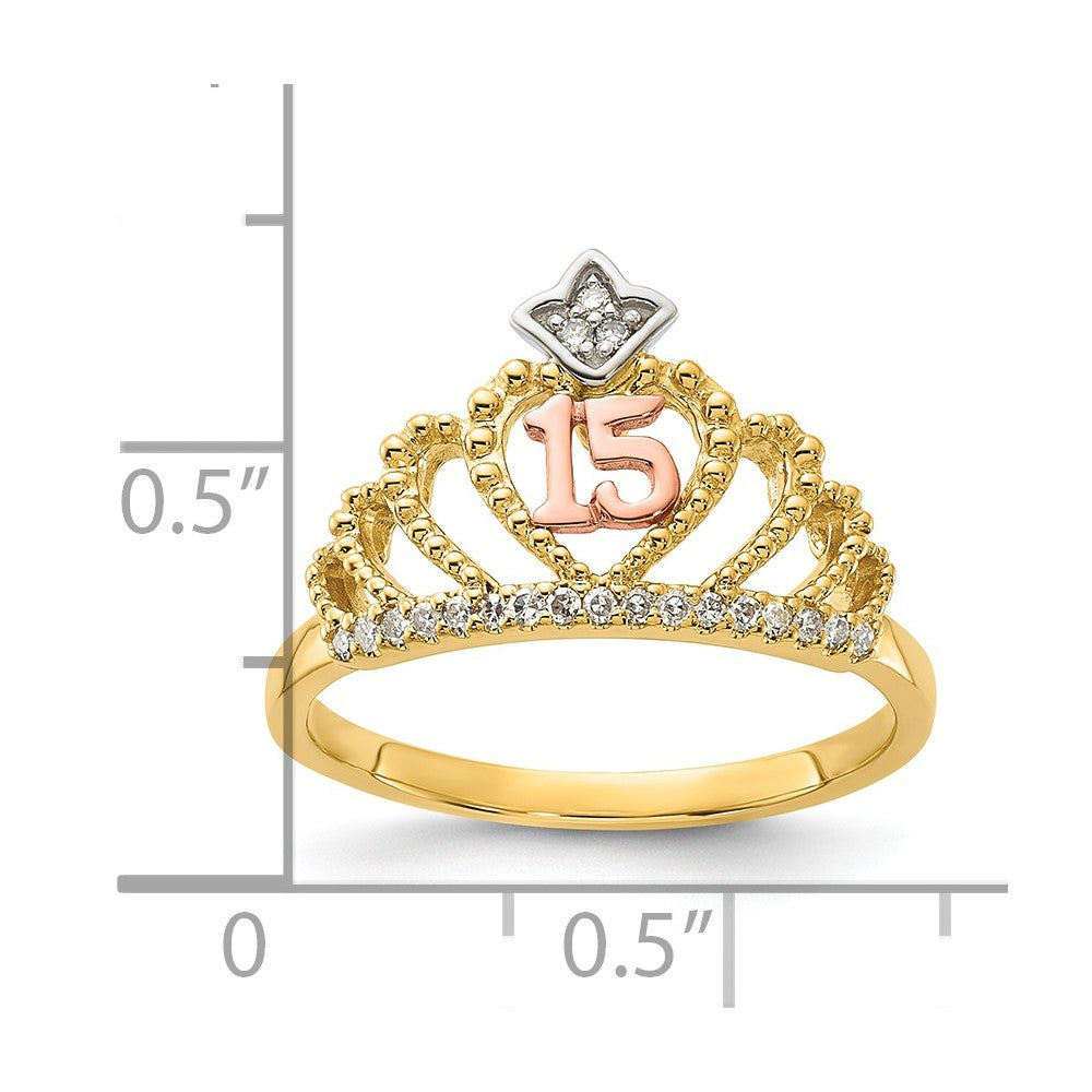 10k Tri-Color Polished & Beaded Diamond 15 Quinceanera Crown Ring