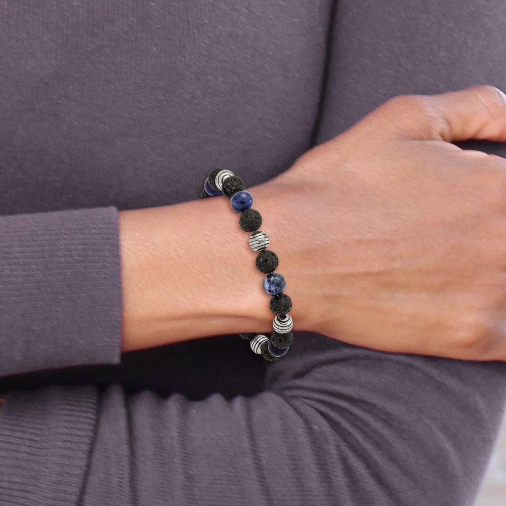 Stainless Steel Antiqued & Polished Lava Stone/Sodalite w/1in ext Bracelet 7.25 inches