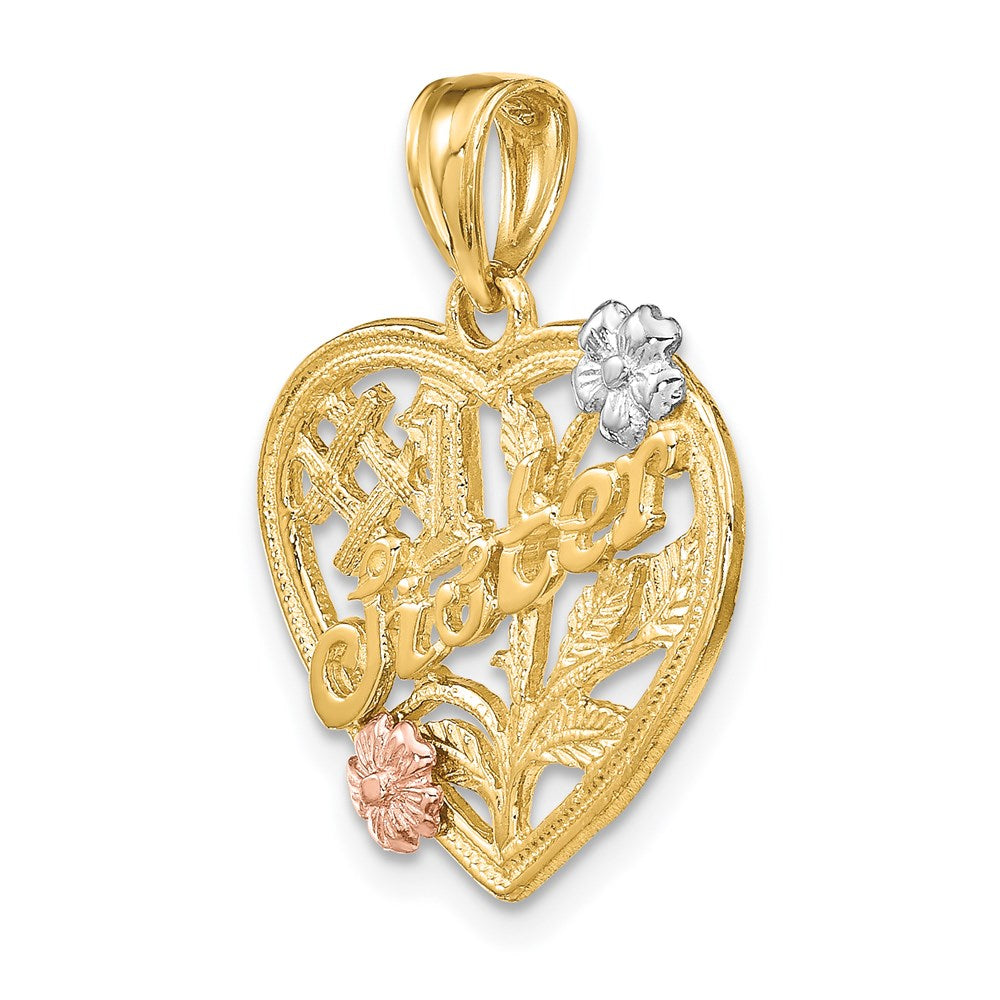 14k Two-tone White Rhodium SISTER On Heart w/ Flowers Charm