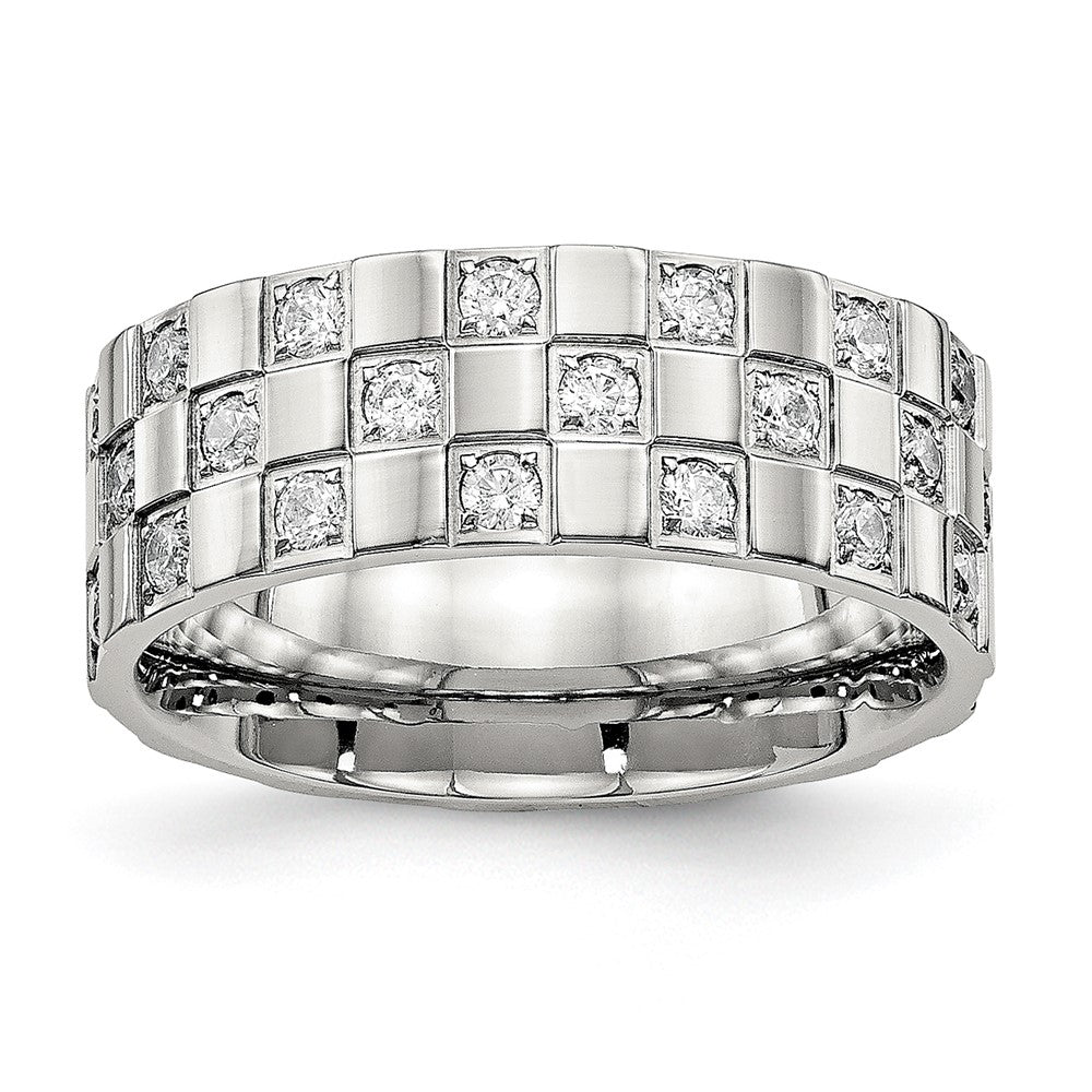Stainless Steel Polished w/CZ Checkered 8mm Flat Band