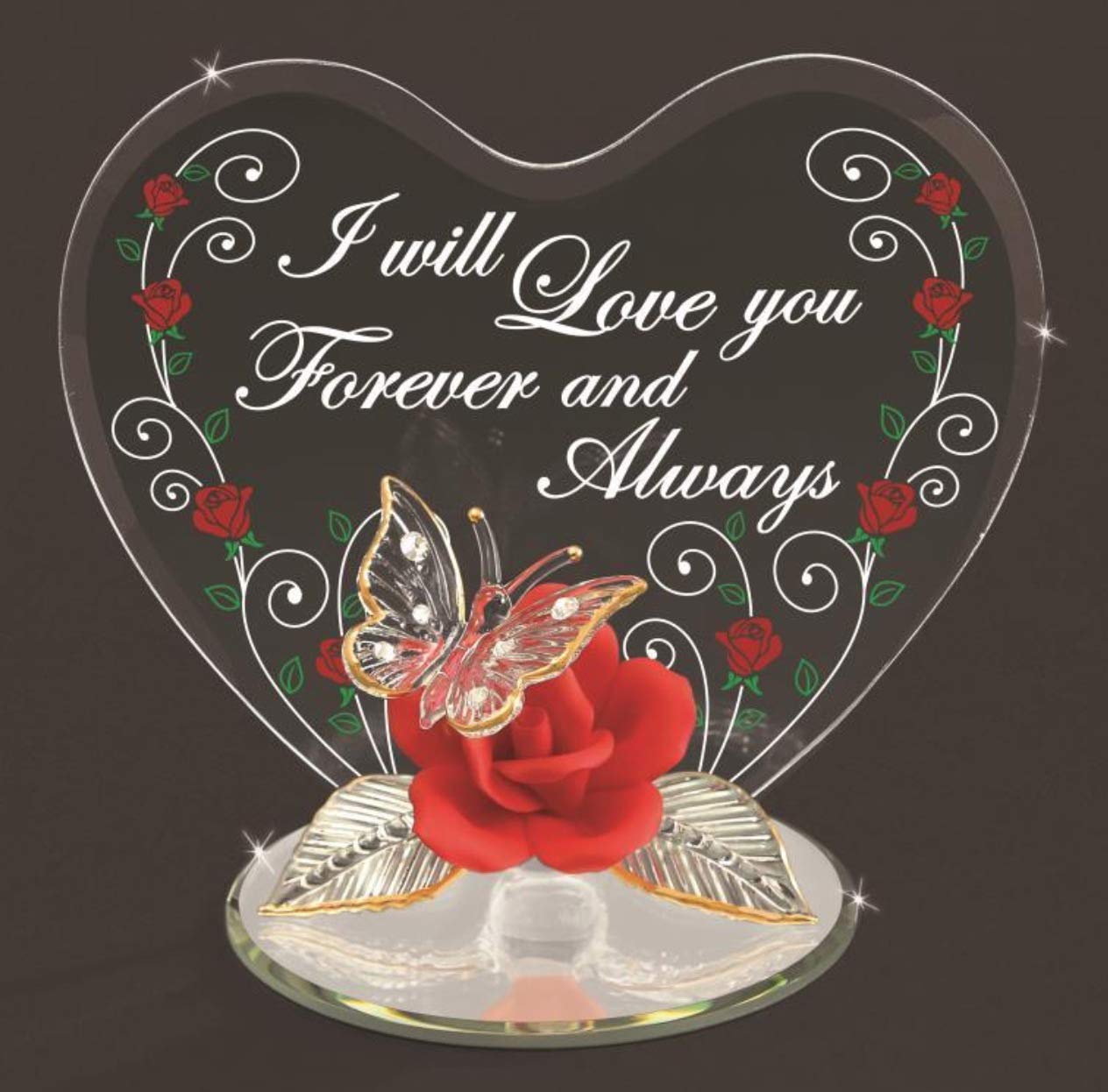I WILL LOVE YOU FOREVER AND ALWAYS Butterfly and Red Rose Handcrafted Glass Figurine Q-GM19252