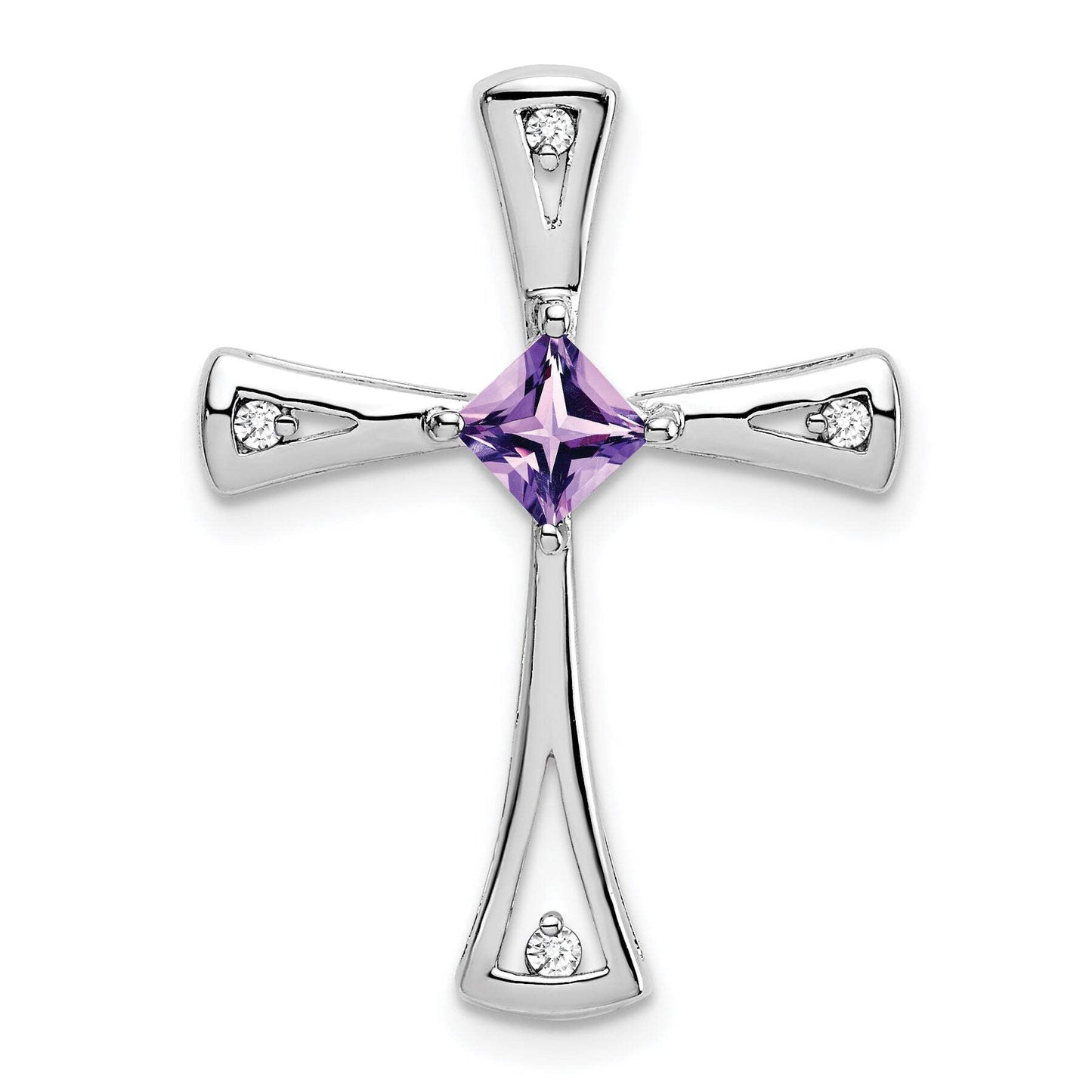 14k White Gold Square Amethyst Diamond Cross Chain Slide